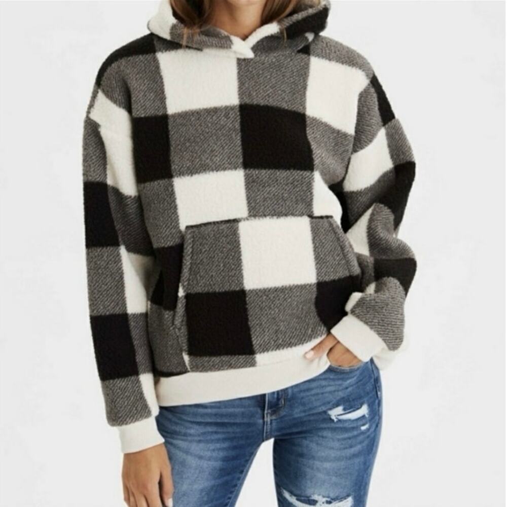 American Eagle cream brown Buffalo Plaid Sherpa Pullover Hoodie Medium NWT